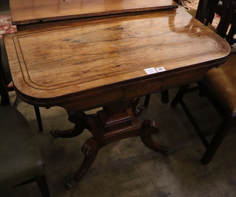 A Regency brass inlaid rosewood tea table, width 92cm, depth 46cm, height 75cm